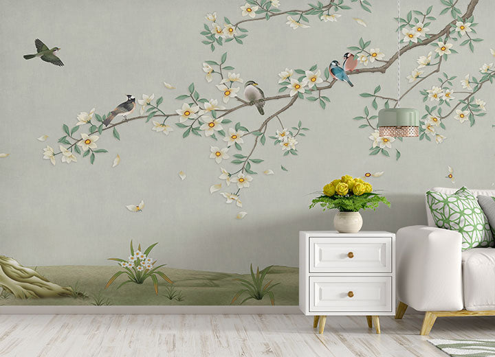 Oiseaux sur branche verte couleur peint peint mural