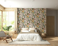 Birdsong Blooms wallpaper featuring colorful birds perched among yellow roses and pink blossoms.