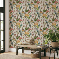 Decorative wallpaper with intricate bird illustrations intertwined with blooming floral motifs.