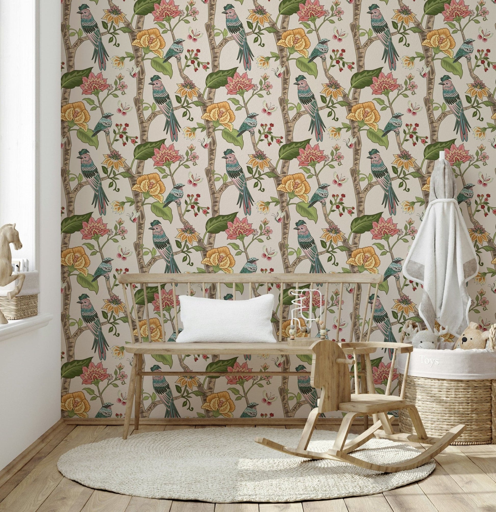 Botanical wallpaper mural combining detailed avian figures with lush roses and leafy stems.