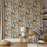 Birdsong Blooms wallpaper with hand-drawn birds surrounded by vibrant botanical florals.