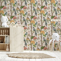 Nature-inspired wallpaper mural featuring perched birds amid roses, petals, and lush greenery.
