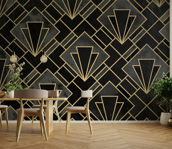 Black and Concrete Art Deco Mosaic wallpaper mural with black and gold geometric fan pattern in a dining room with wooden table