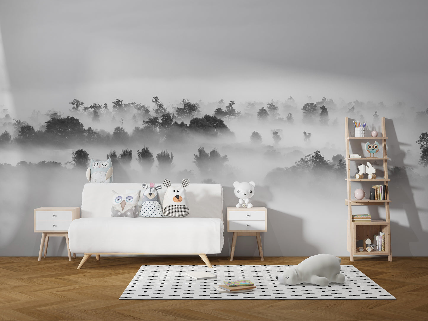 Foggy forest wallpaper mural in black and white.