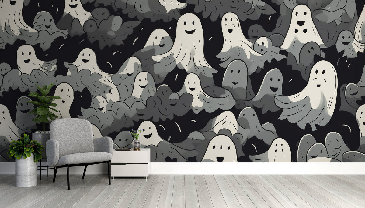 Black and White Ghosts Halloween wallpaper with smiling cartoon ghosts behind a gray armchair in a living room