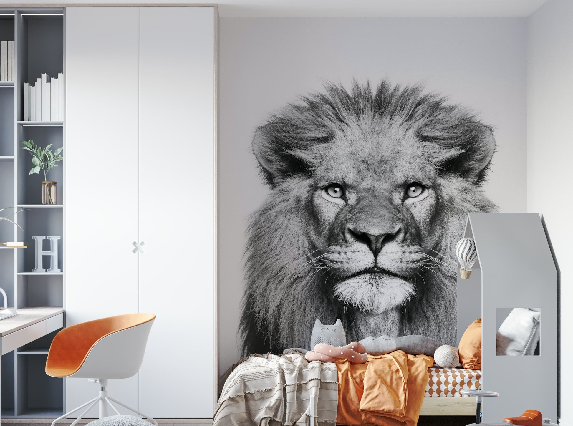 Monochrome lion face wallpaper print

