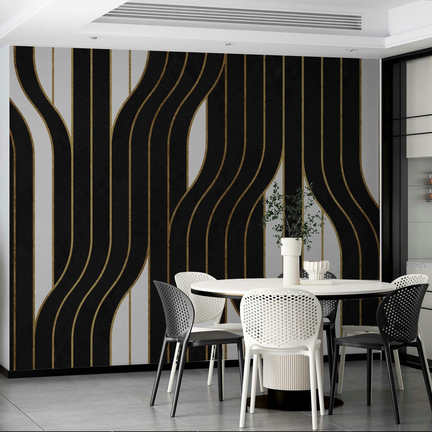 Timeless black and white lines mural adding sophistication

