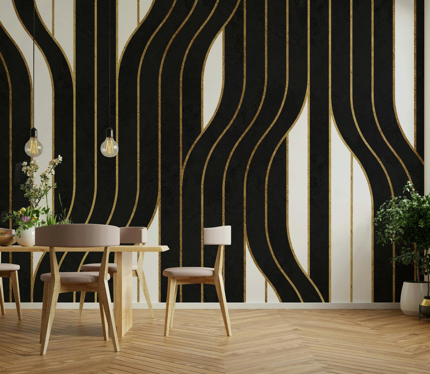 Luxury black and white lines mural creating a modern atmosphere

