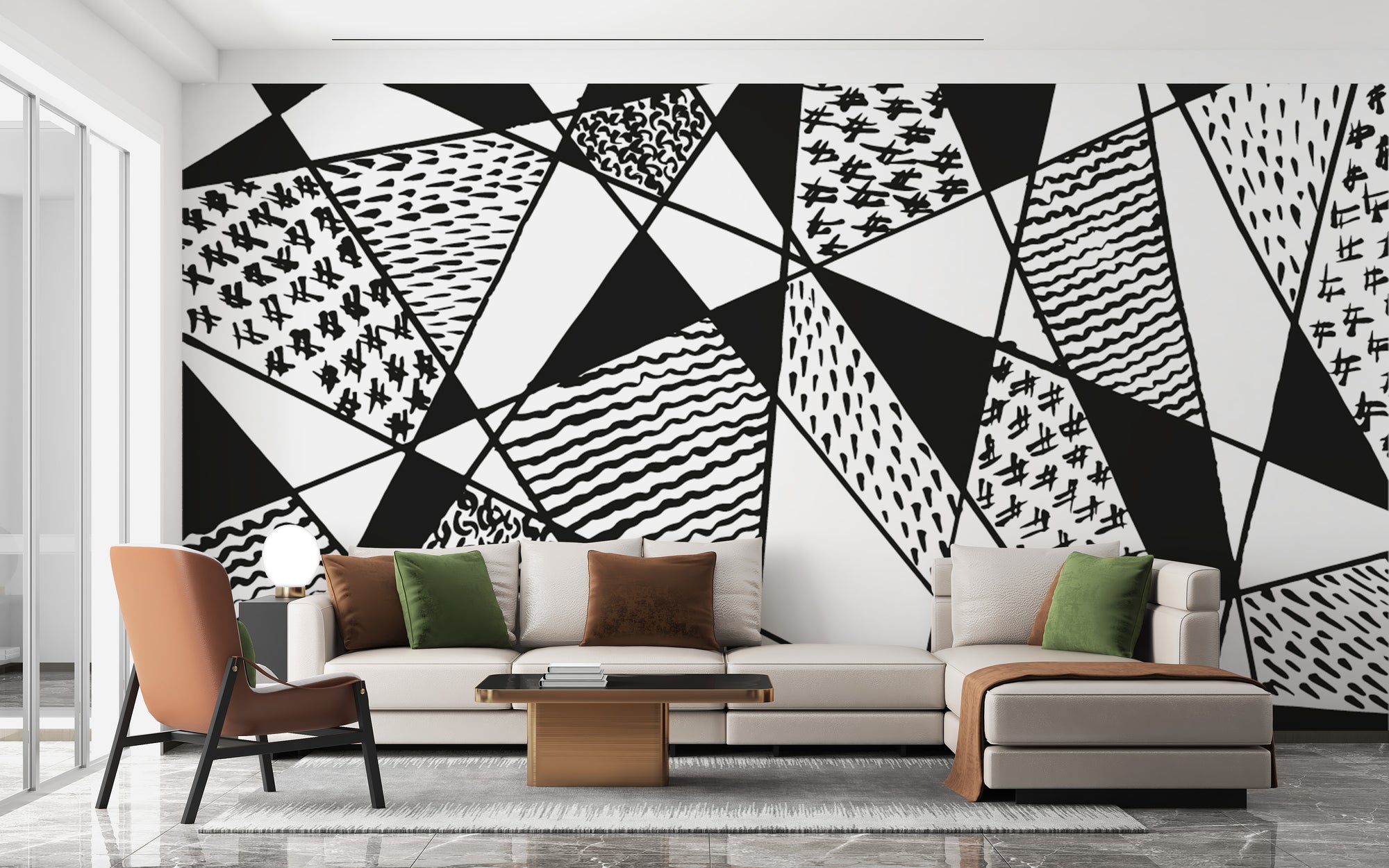 Black and white stroke line wallpaper mural of patterned geometric triangles behind a cream sectional sofa