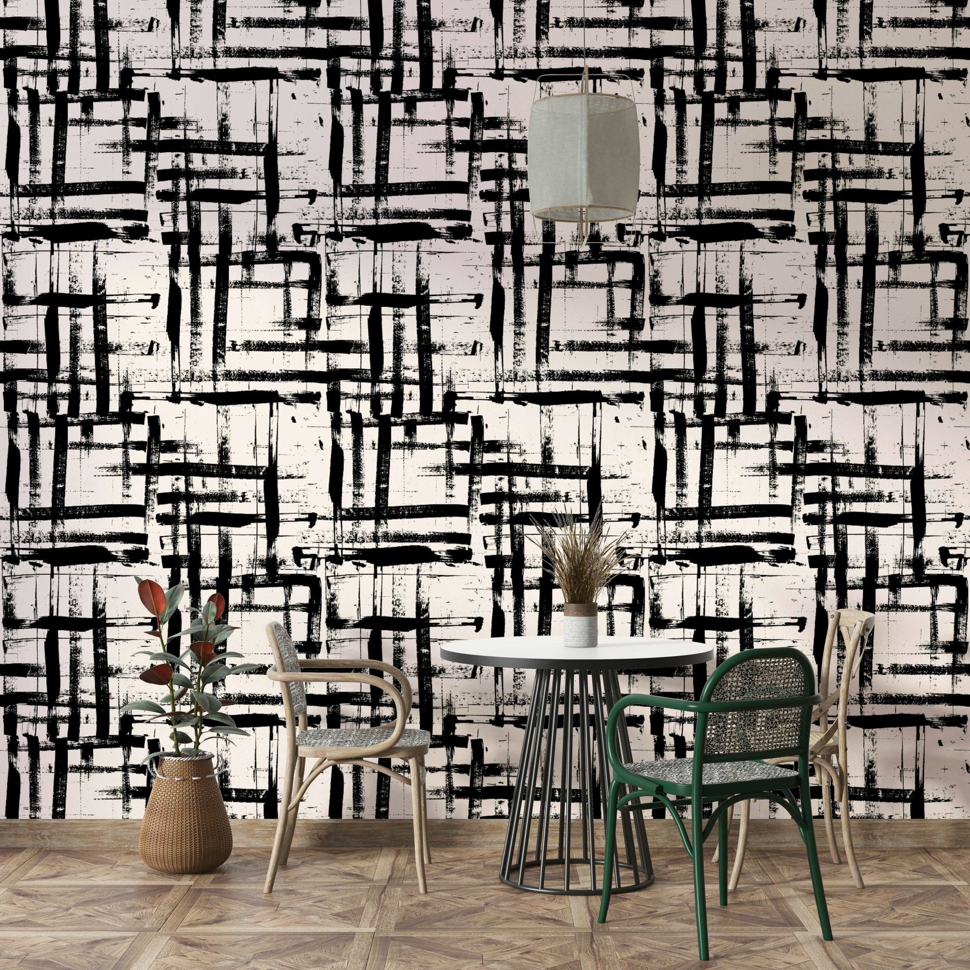 An angled shot of a wall with a painted wallpaper

