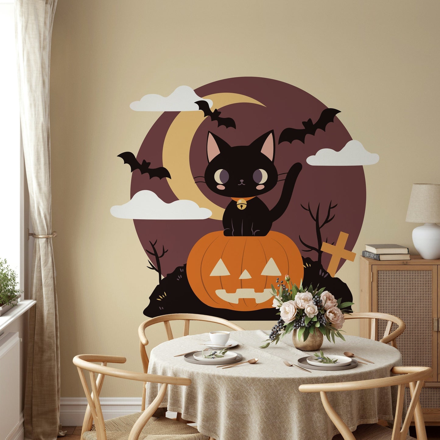 Spooky halloween wall mural featuring a black cat perched on a pumpkin.
