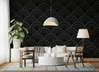 Full view of the Black Charcoal Waves Wall Mural, showcasing its dynamic wave pattern in charcoal and black, a bold geometric wallpaper choice.