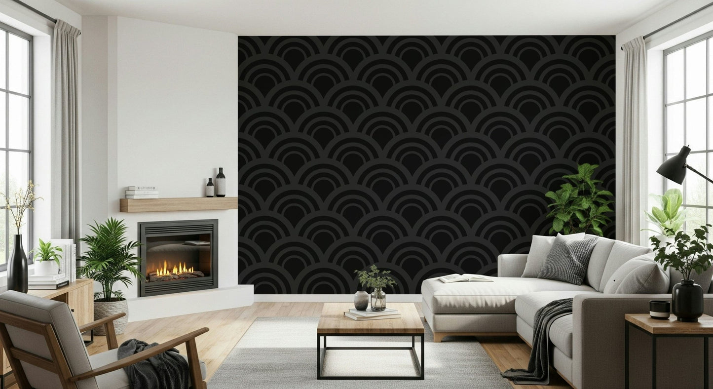 A room setting featuring the Black Charcoal Waves Wall Mural, where the dark, wavy lines add texture and depth as geometric wallpaper.