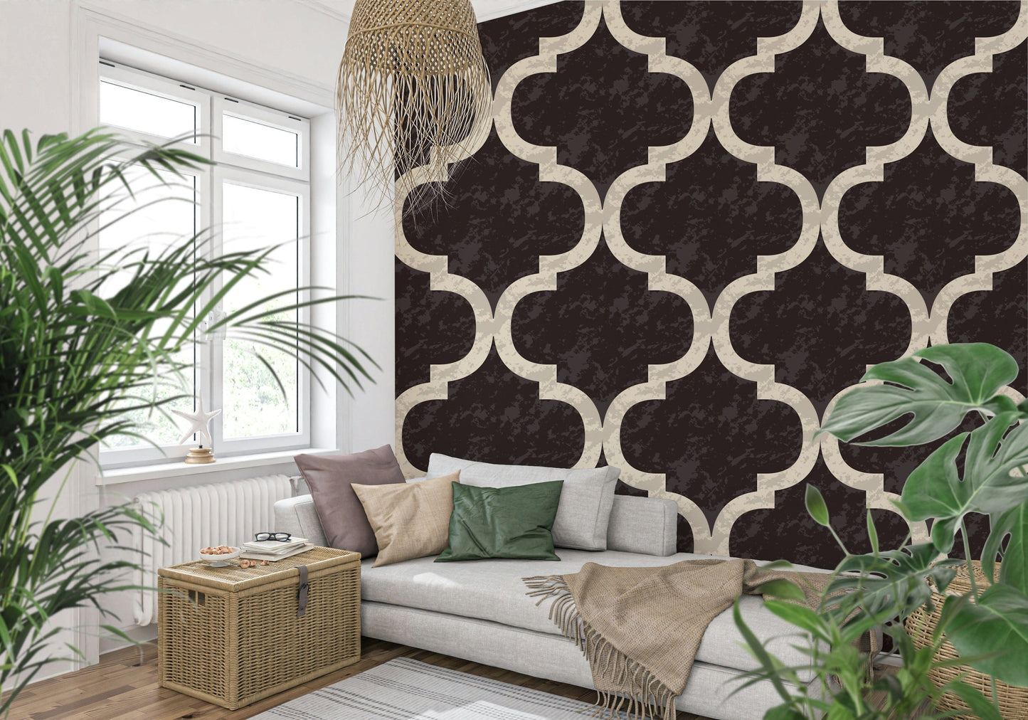 Elegant quatrefoil wall mural rich cocoa bean vintage texture.