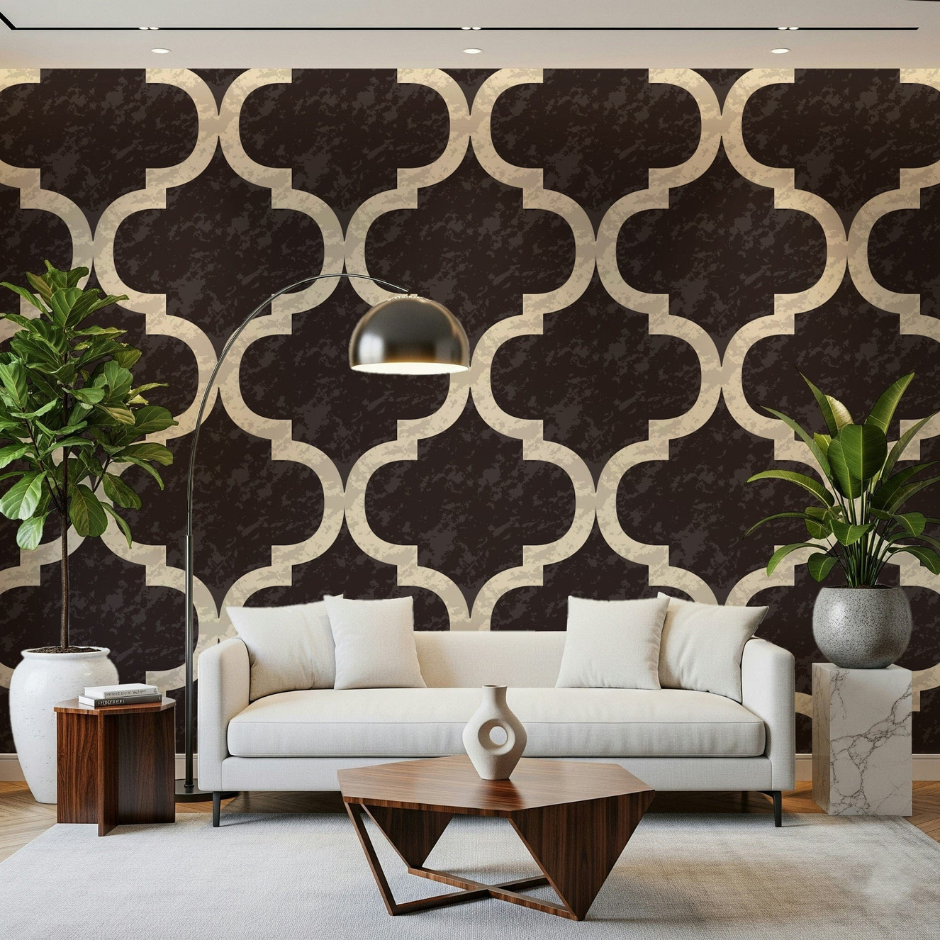 Exotic cocoa brown wall mural featuring cream trellis shapes.