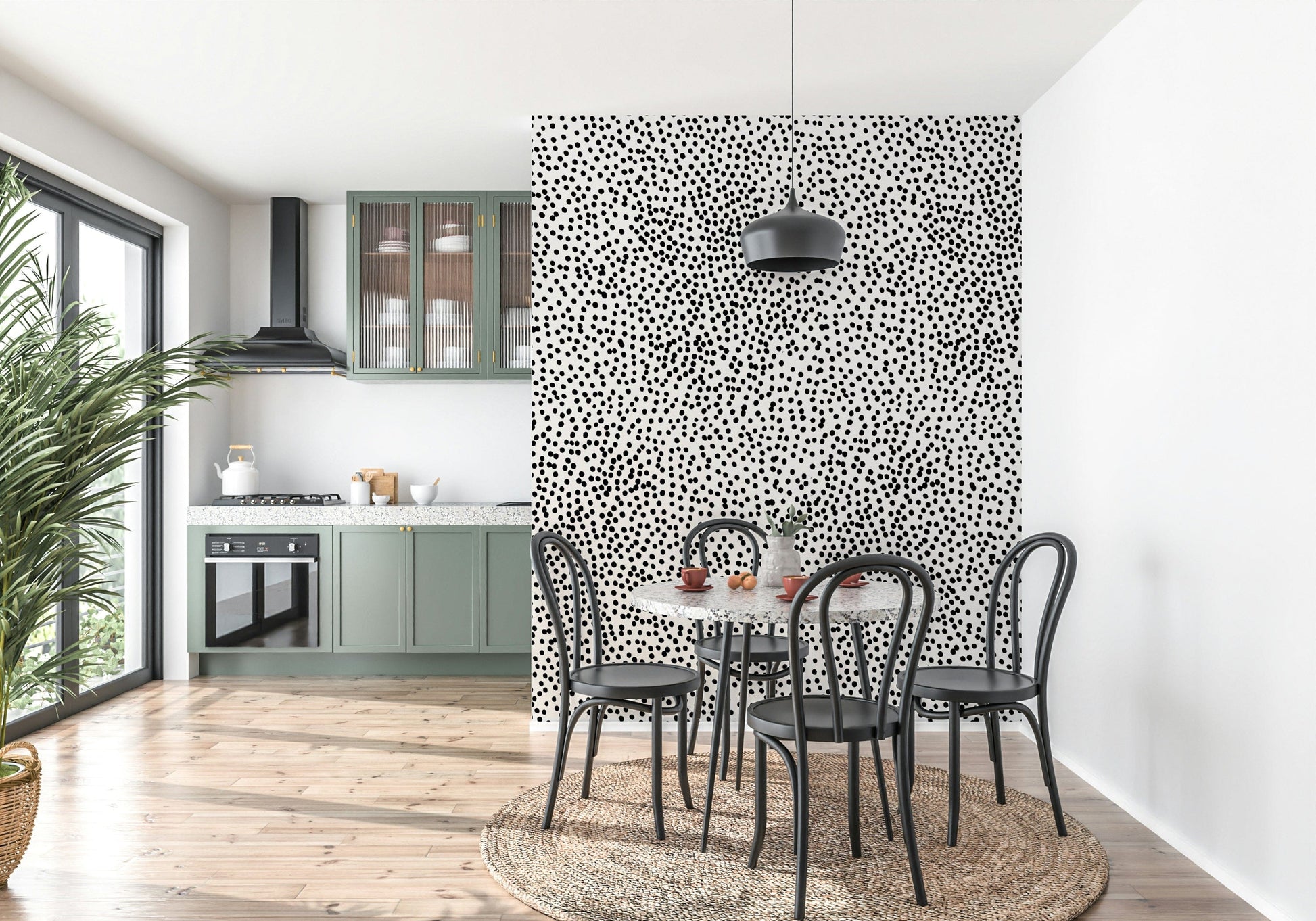 Whimsical dotted artwork in bold tones, Dotted Delight mural for living room