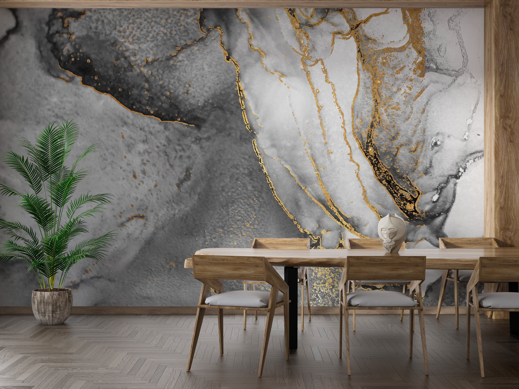 Black Gold Alcoholic Ink wallpaper mural shown as a full feature wall that highlights the design