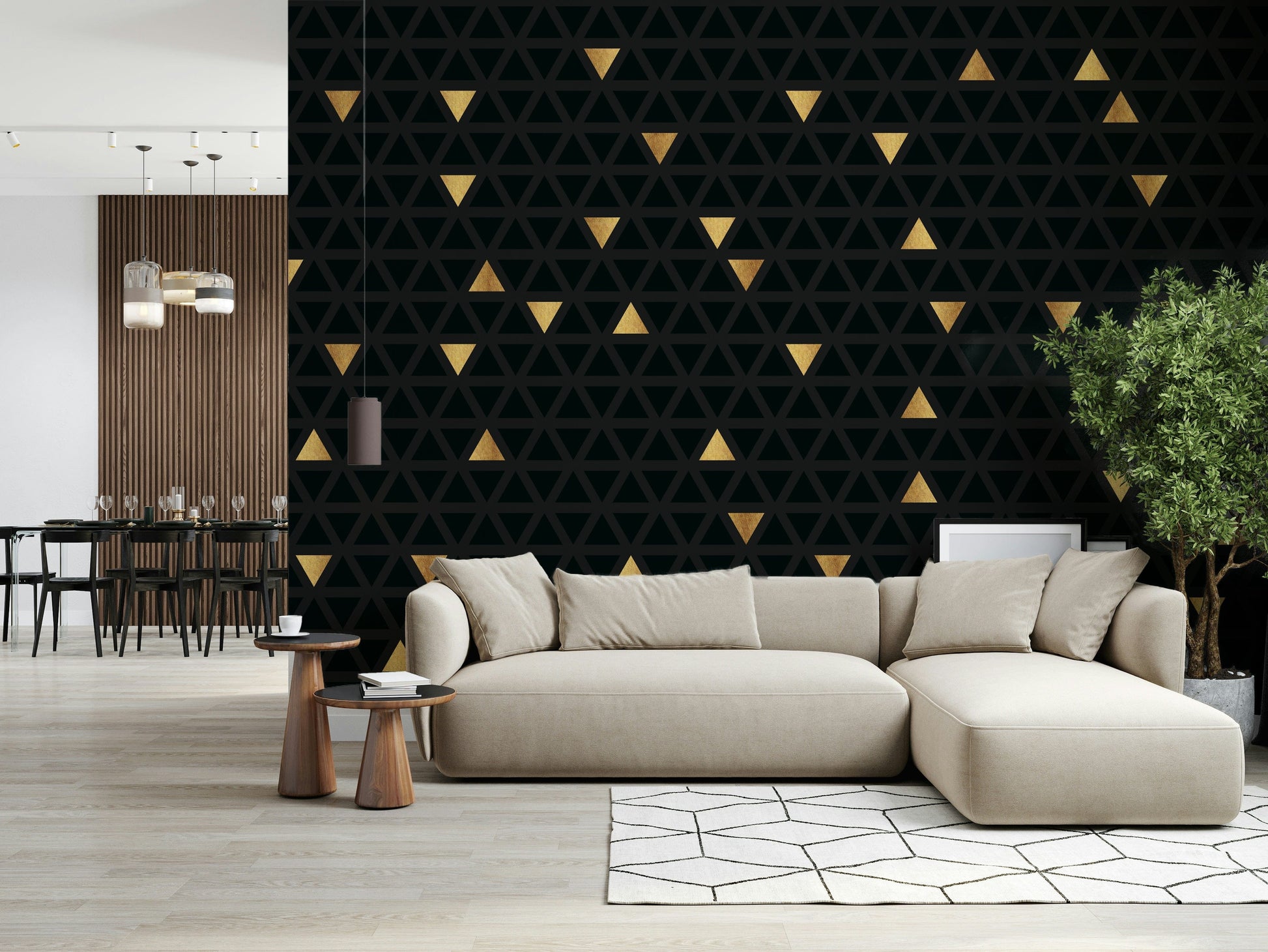 The Luxury Black and Gold Triangles Wall Mural, a bold modern wallpaper that uses geometric shapes for a high-end, abstract look.