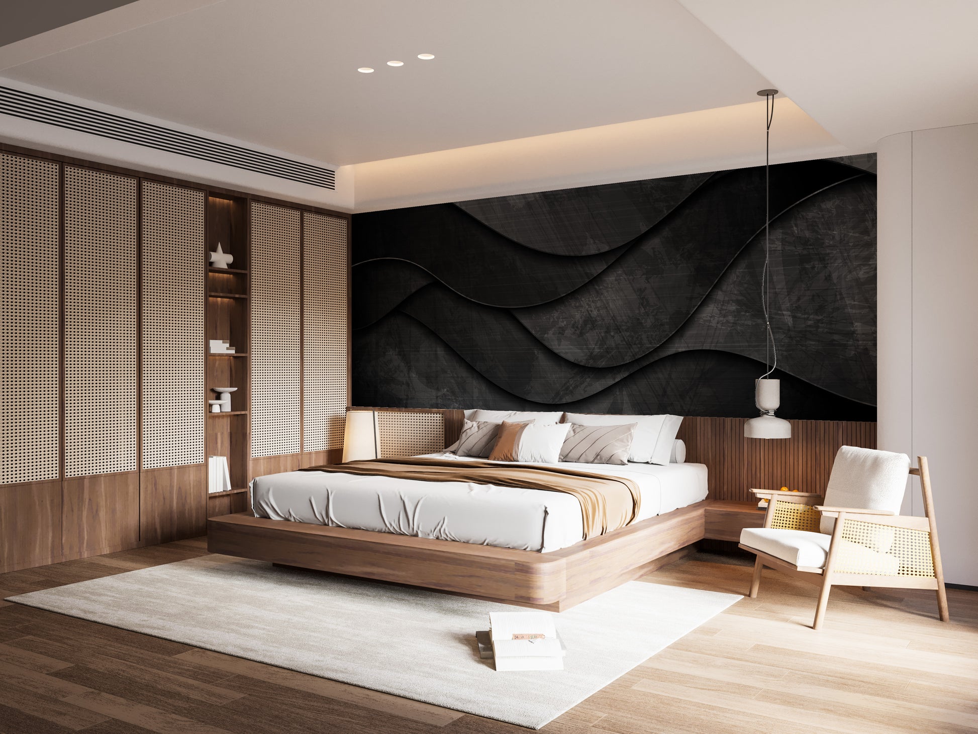 Black mural with stylish 3D wave accents.