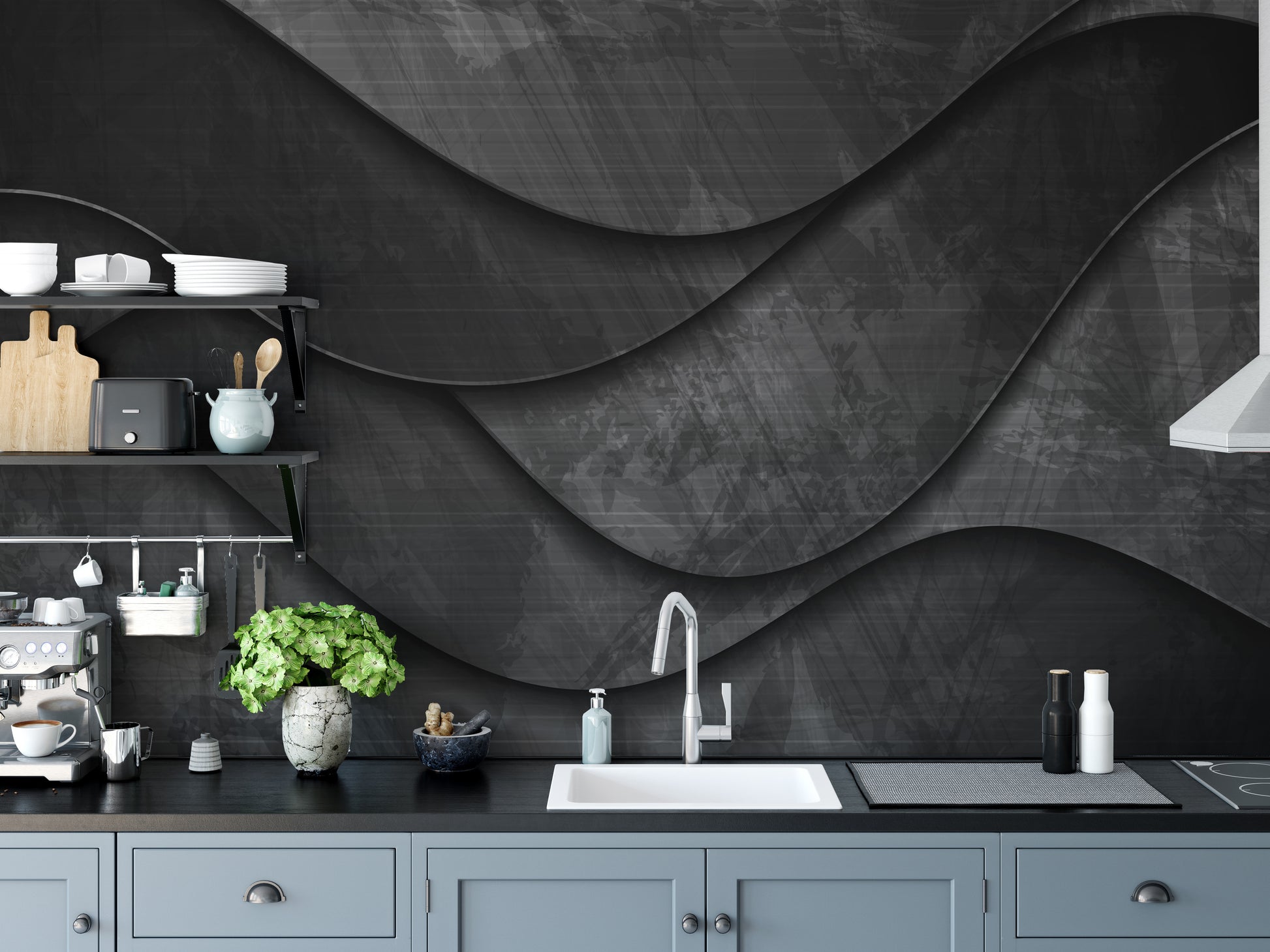 Contemporary 3D wave black mural style.