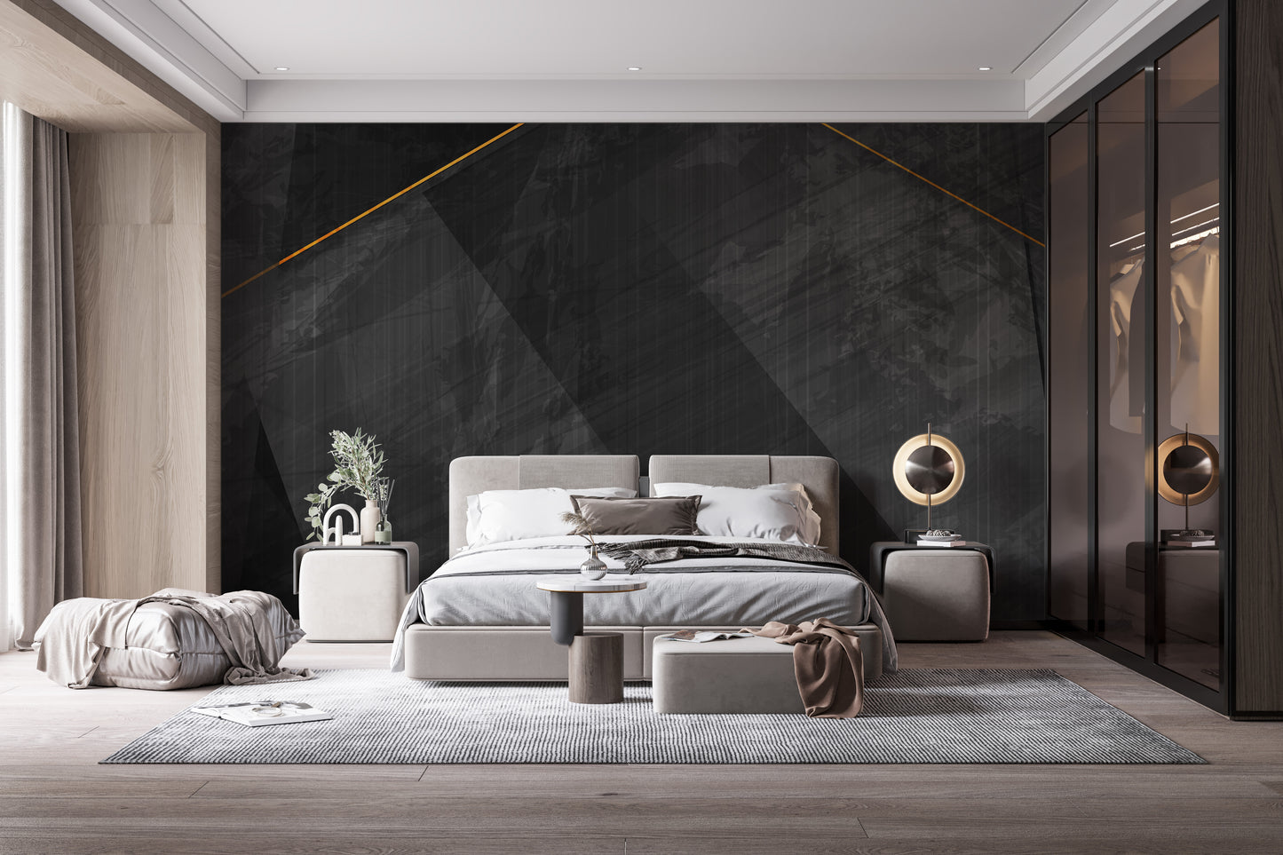 Black grunge mural with golden accents.