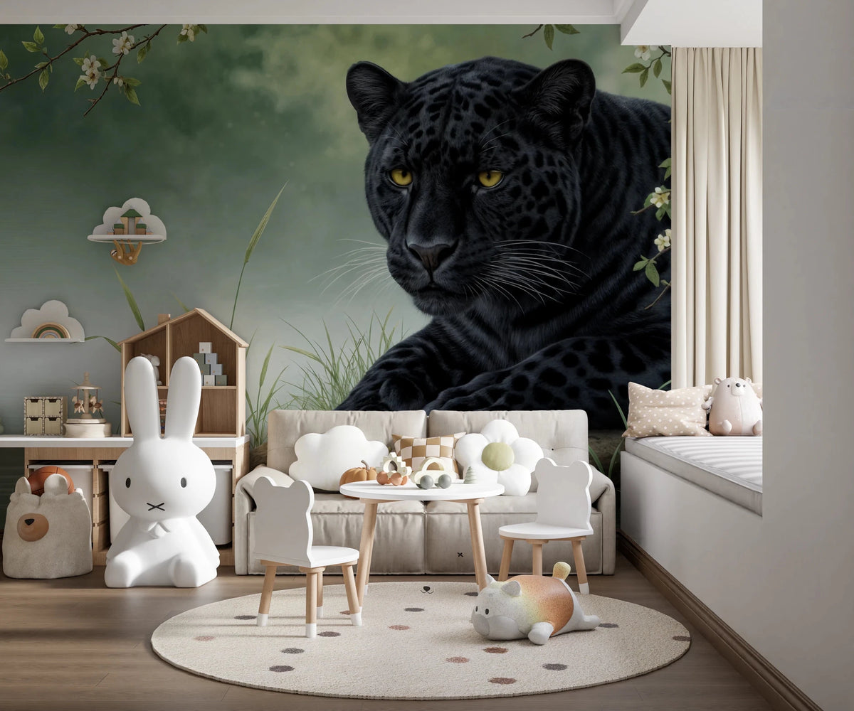 Black Panther Calm Wall Mural for kids room featuring a leopard resting by a lake