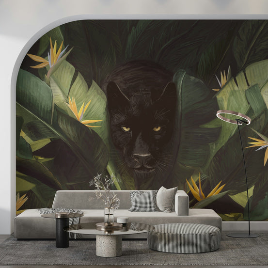Jungle Noir Hidden Gaze wallpaper mural of a black panther in dark foliage behind a grey sofa with a ring floor lamp in a living room