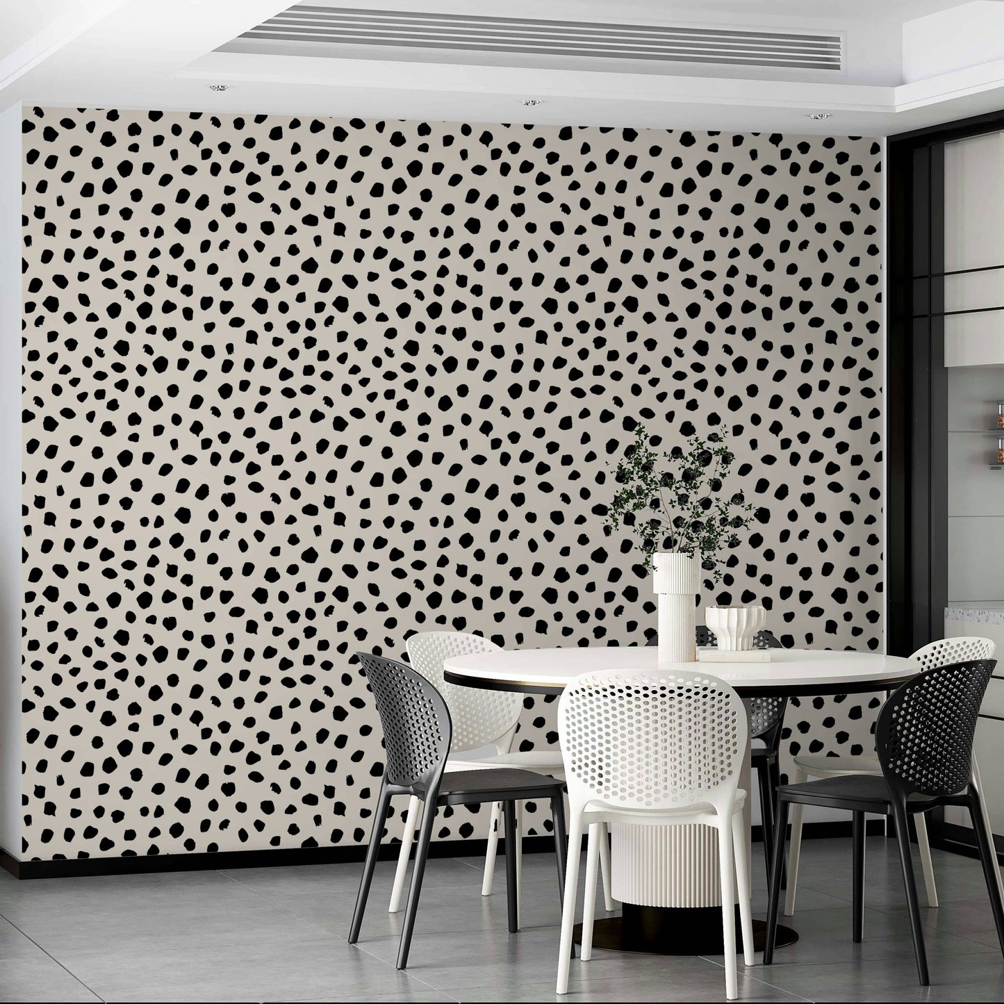 Boho style speckled wallpaper for a creative dining space.
