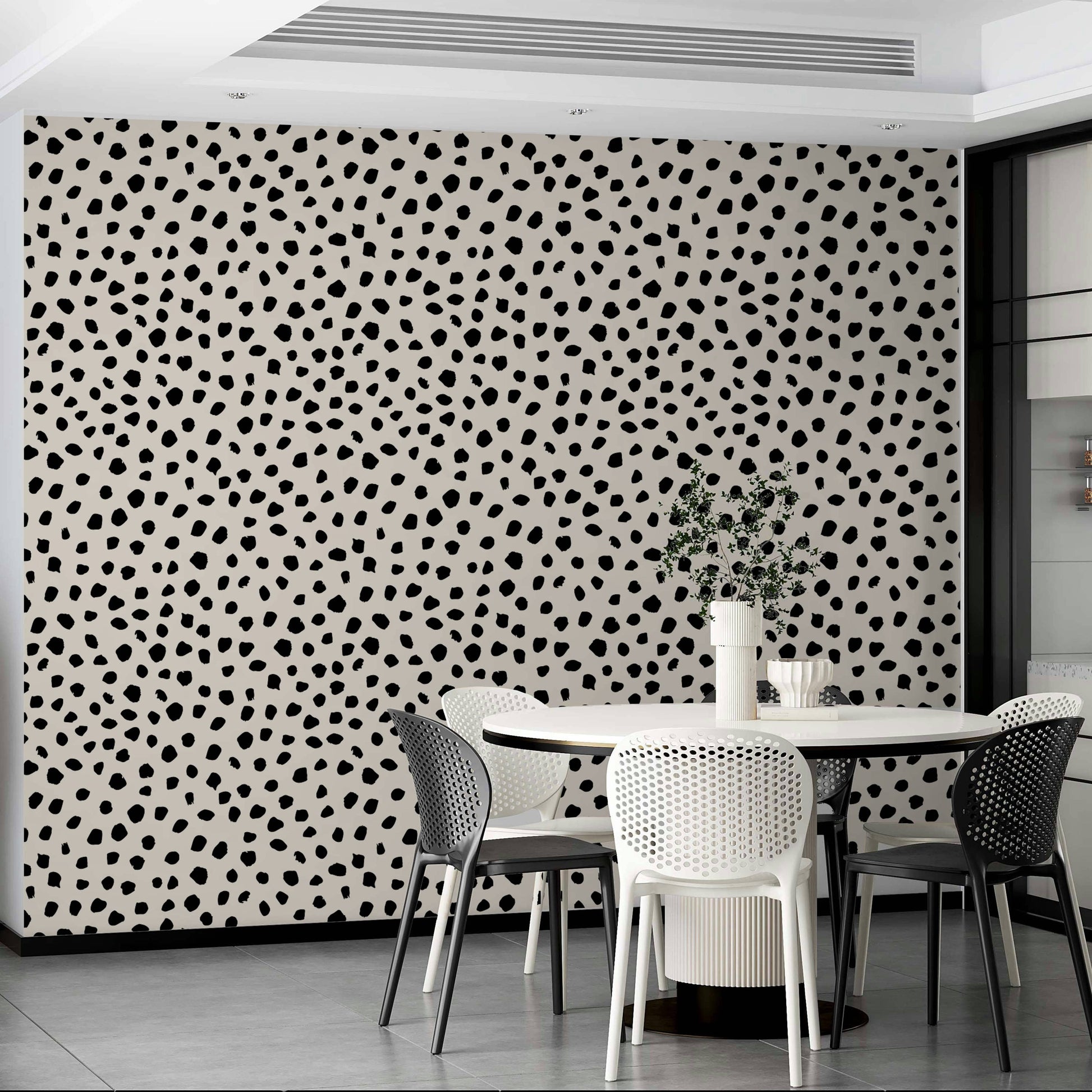 Boho style speckled wallpaper for a creative dining space.

