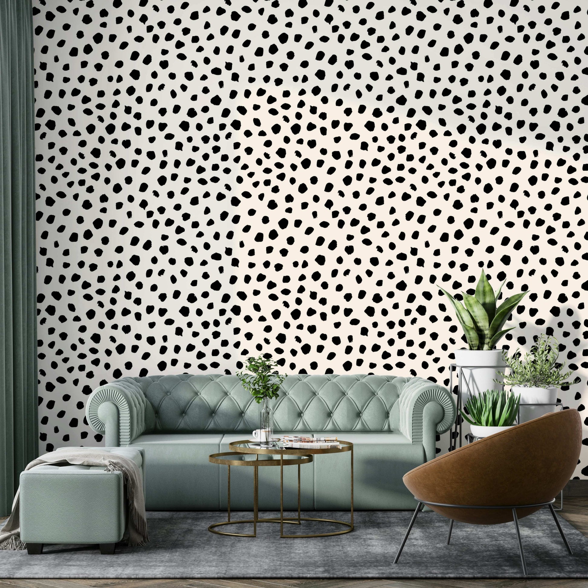 Playful black and white wallpaper featuring irregular dots.
