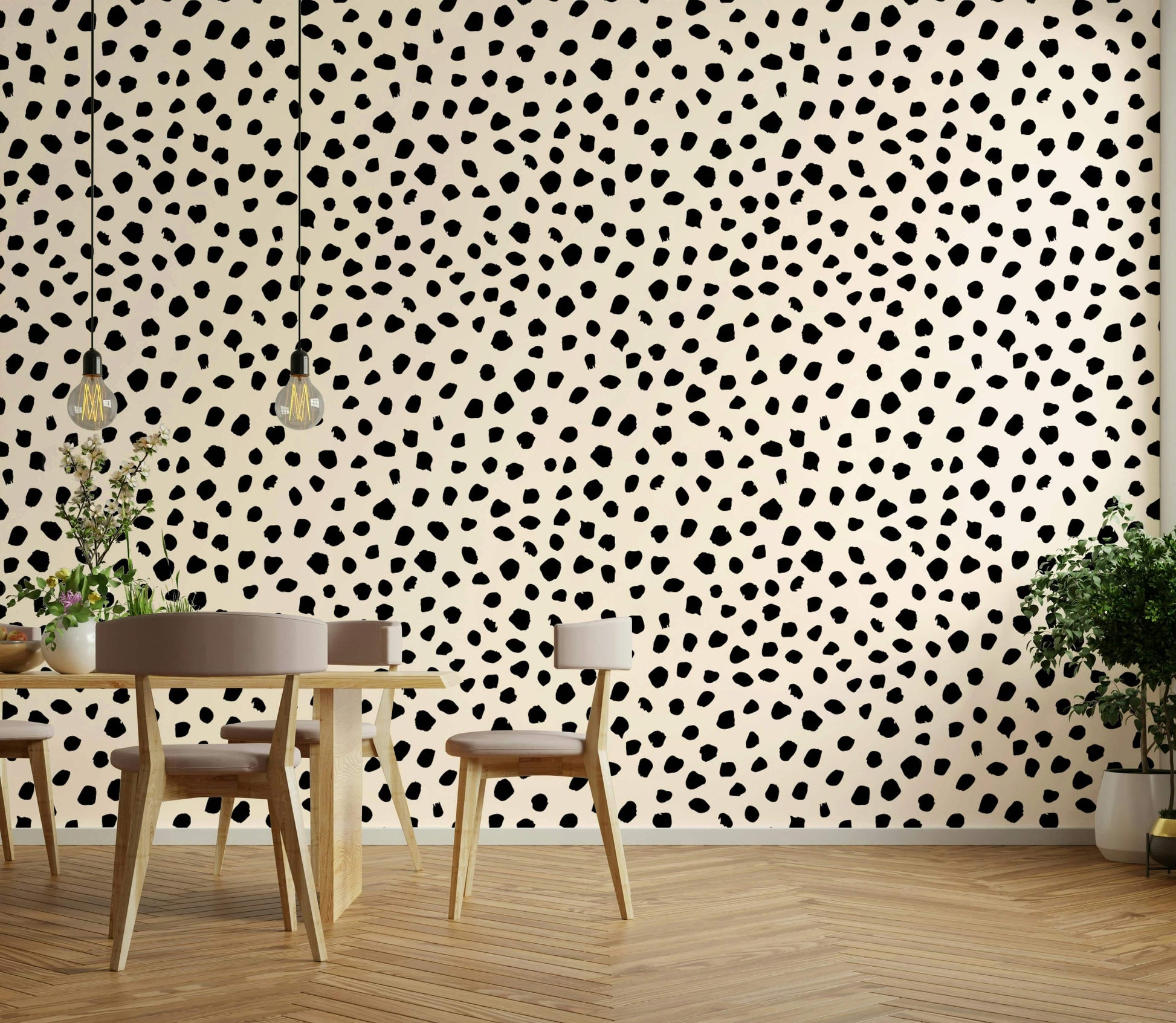 Minimalist speckled pattern wallpaper in black and neutral.
