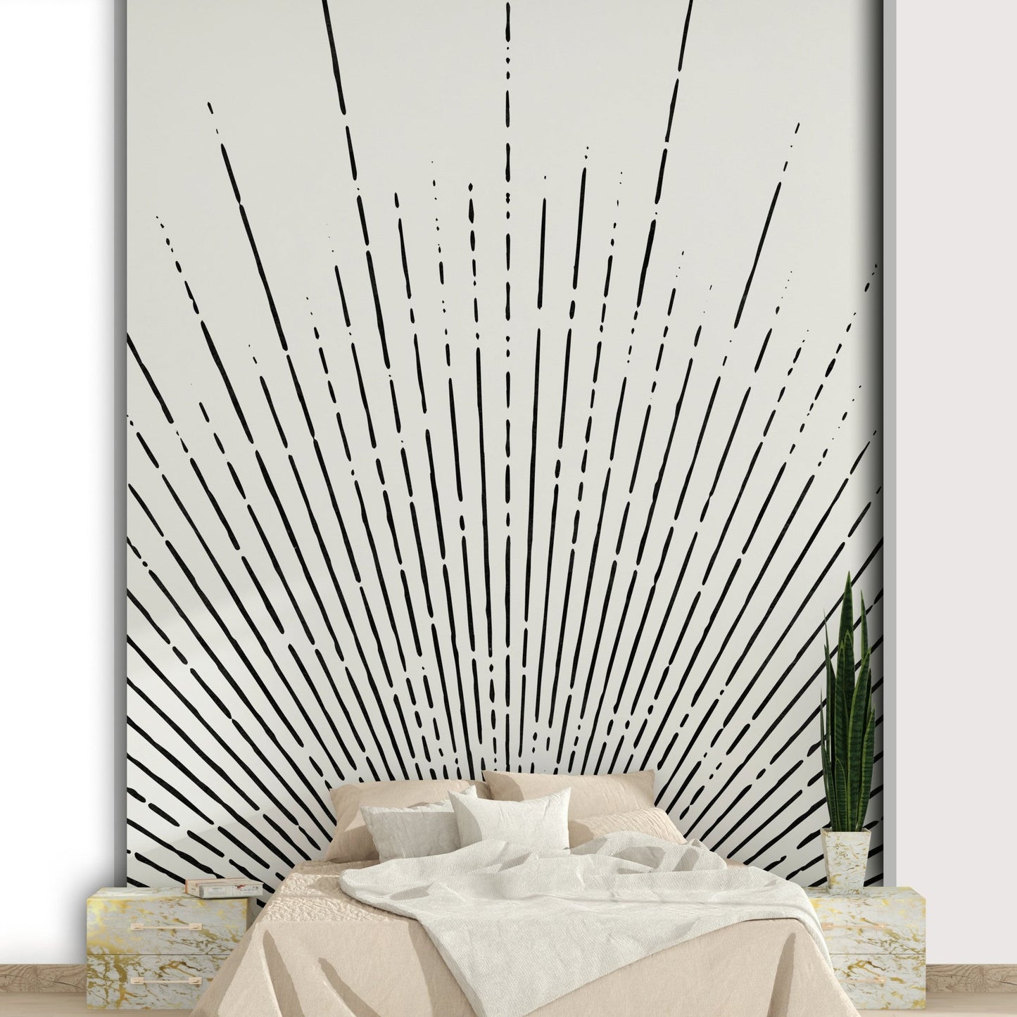 Powerful black sun rays mural creating an edgy, modern look.

