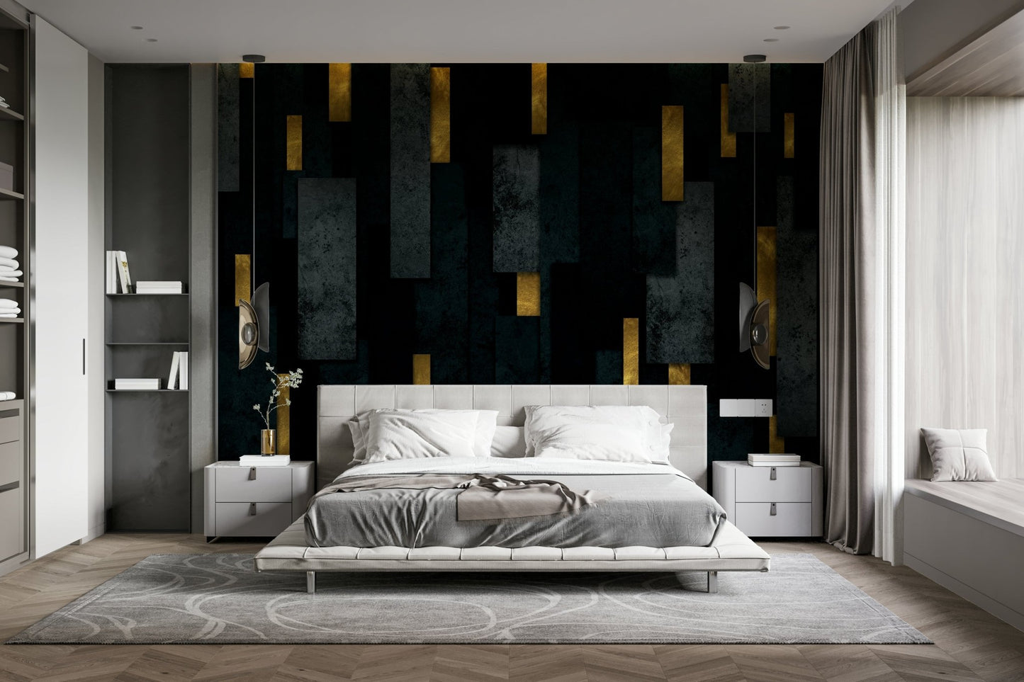 Sophisticated urban spires in black and charcoal wall mural

