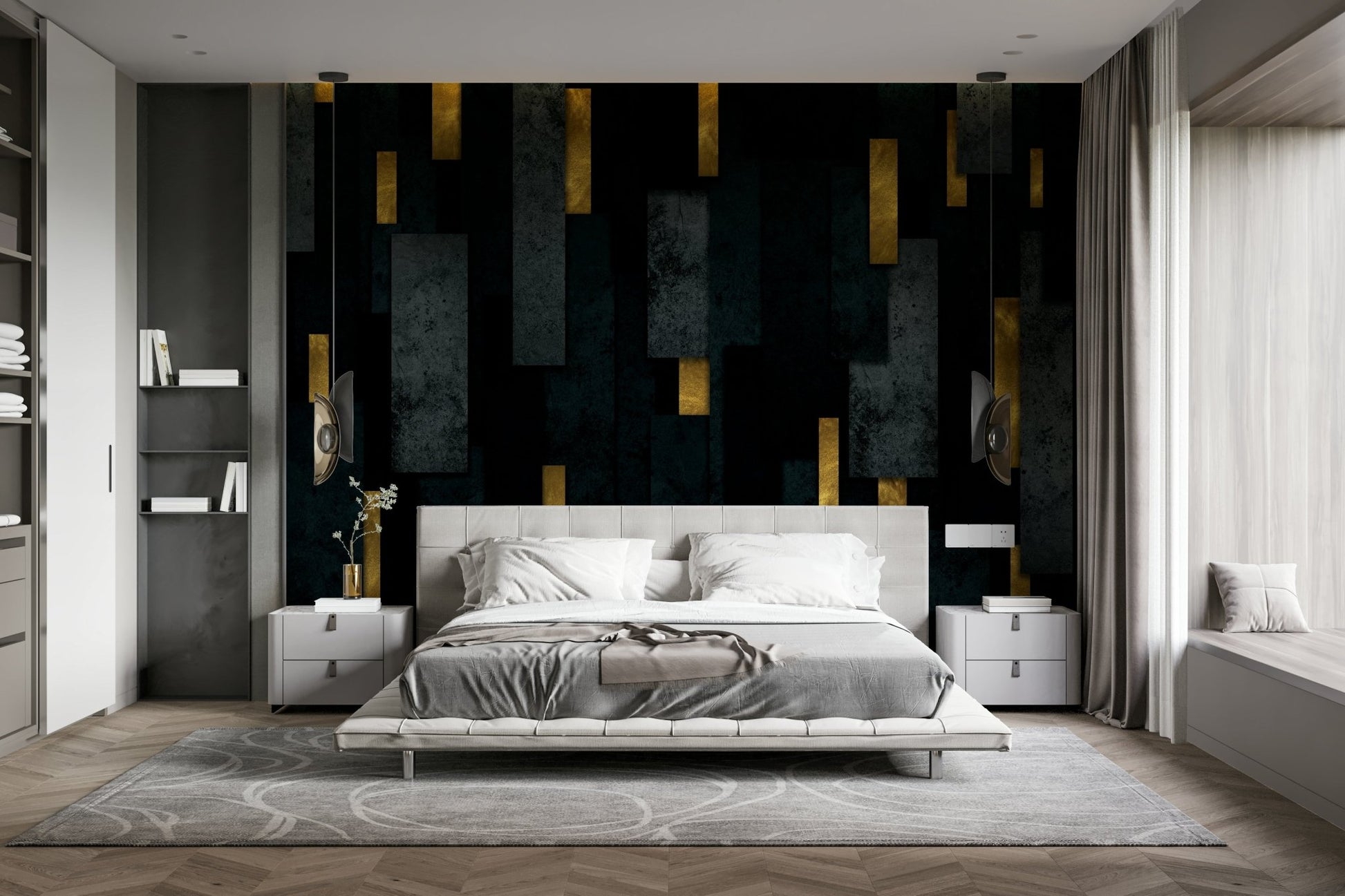 Sophisticated urban spires in black and charcoal wall mural

