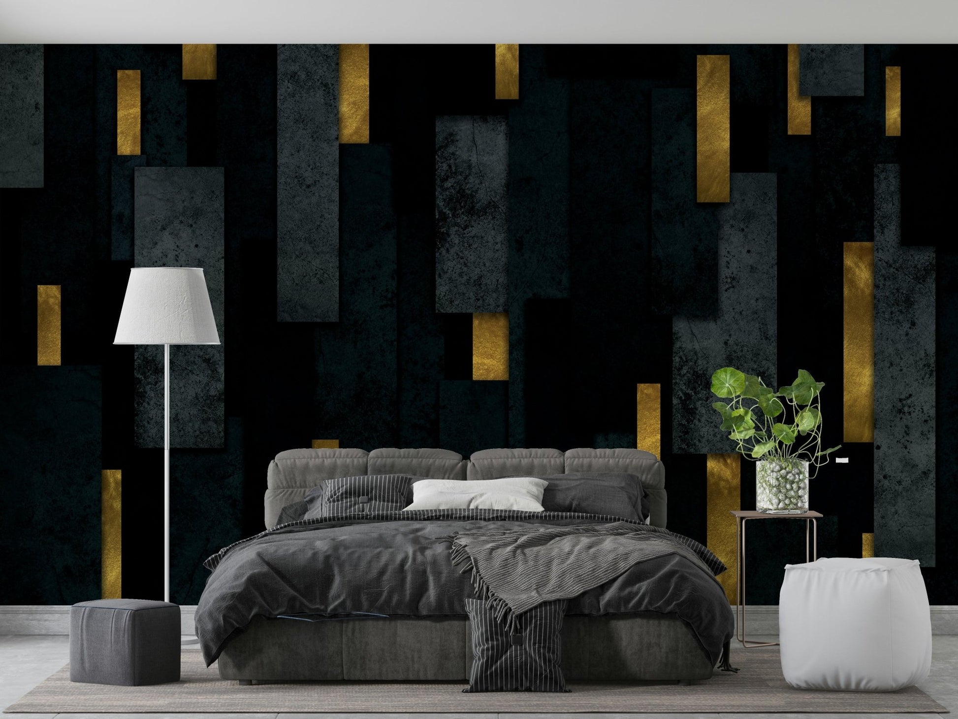 Contemporary city-inspired charcoal spires on black mural

