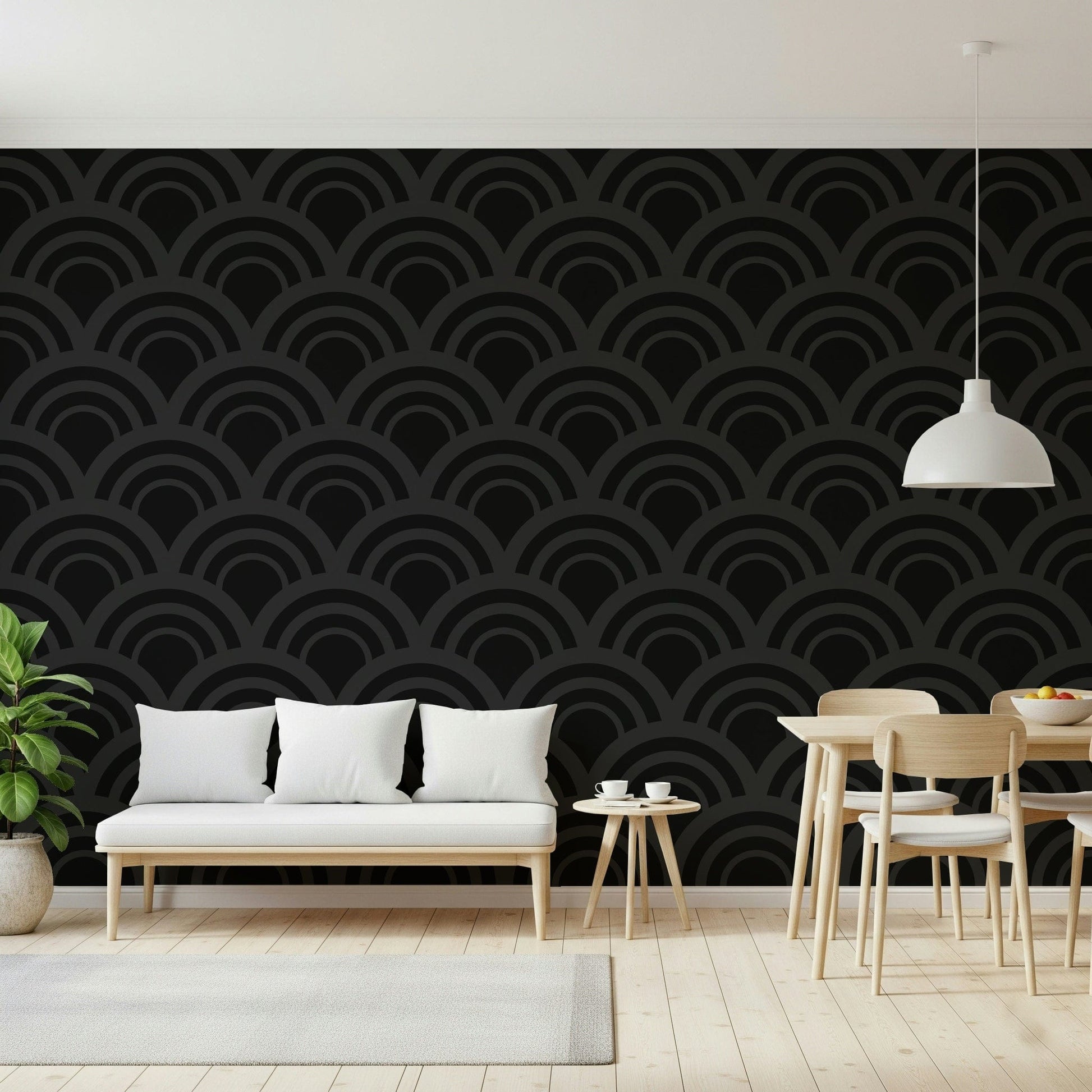 The textured look of the Black Charcoal Waves Wall Mural, where dark, flowing waves create a captivating geometric wallpaper effect.