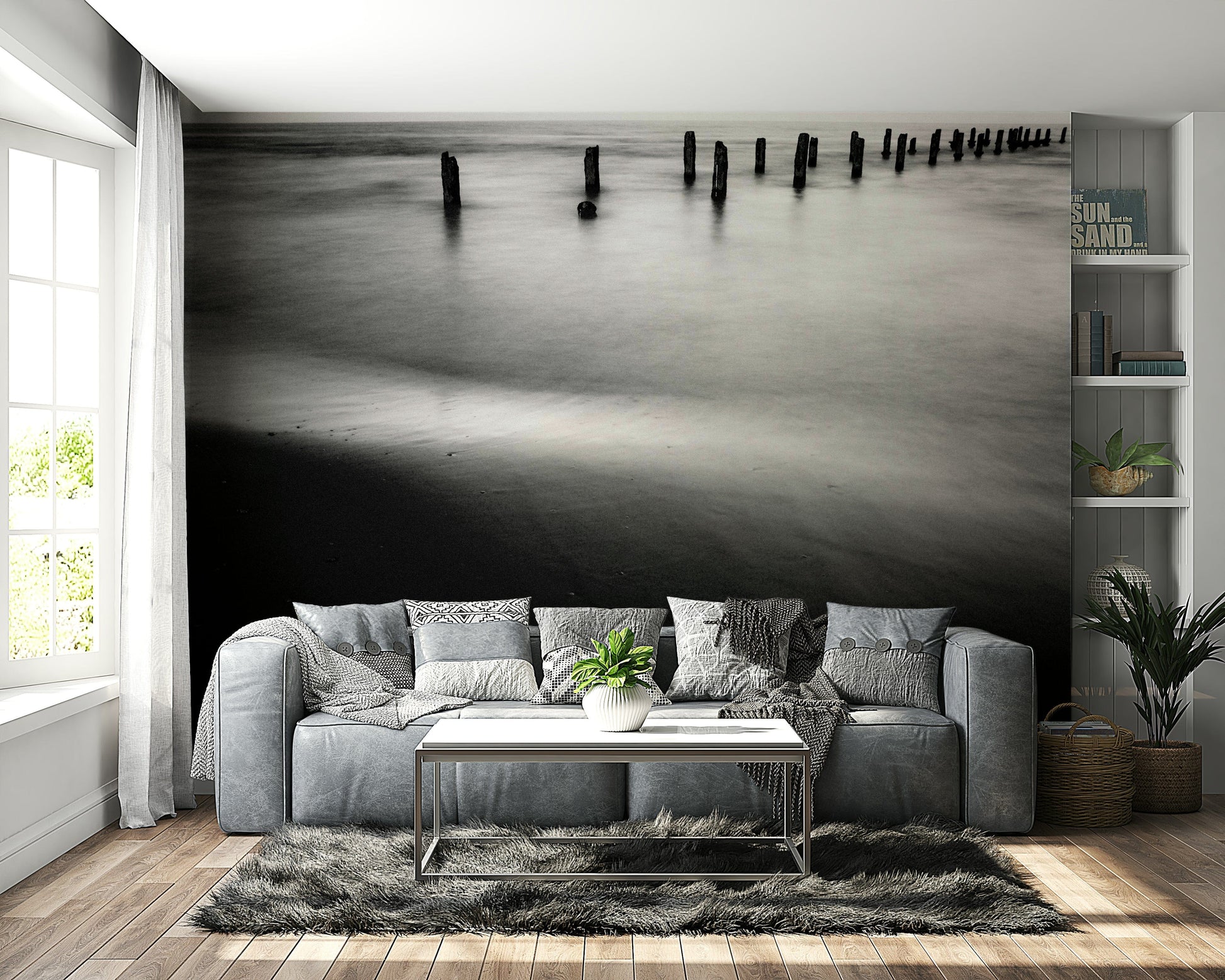 An artistic Mediterranean sea mural on minimalist wallpaper.

