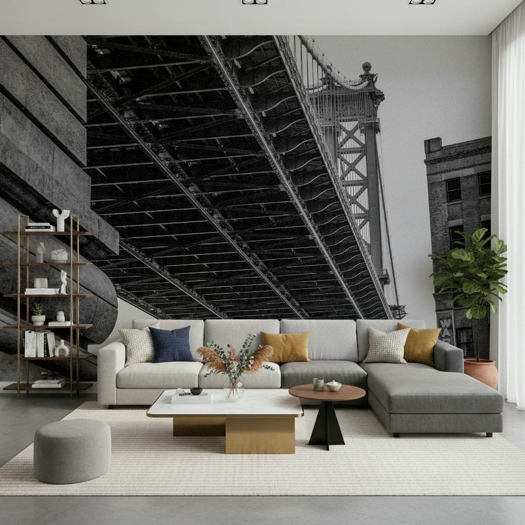 Black & White Cityscape Wall Mural – Dramatic city bridge in monochrome creating a bold statement wall.