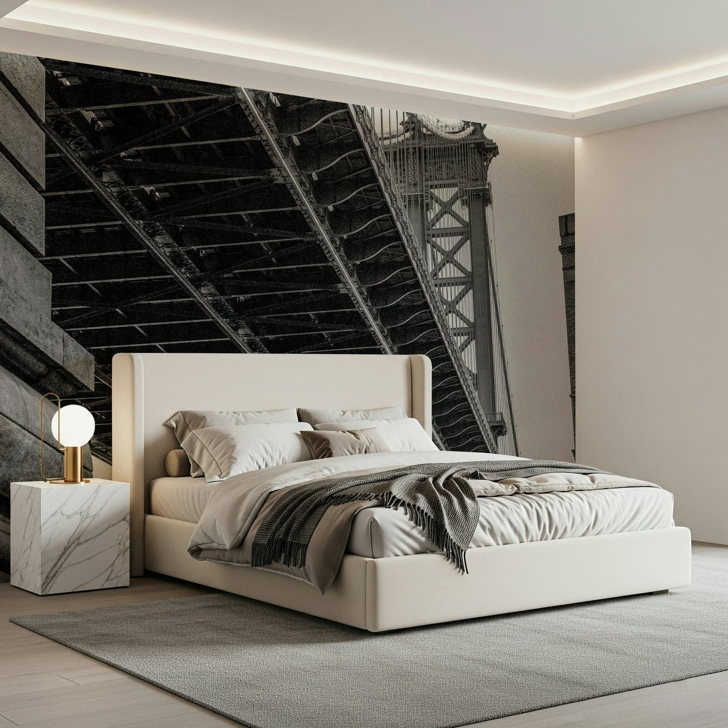 Modern Bridge Wall Mural – Contemporary mural with sleek bridge lines in high-contrast black and white.