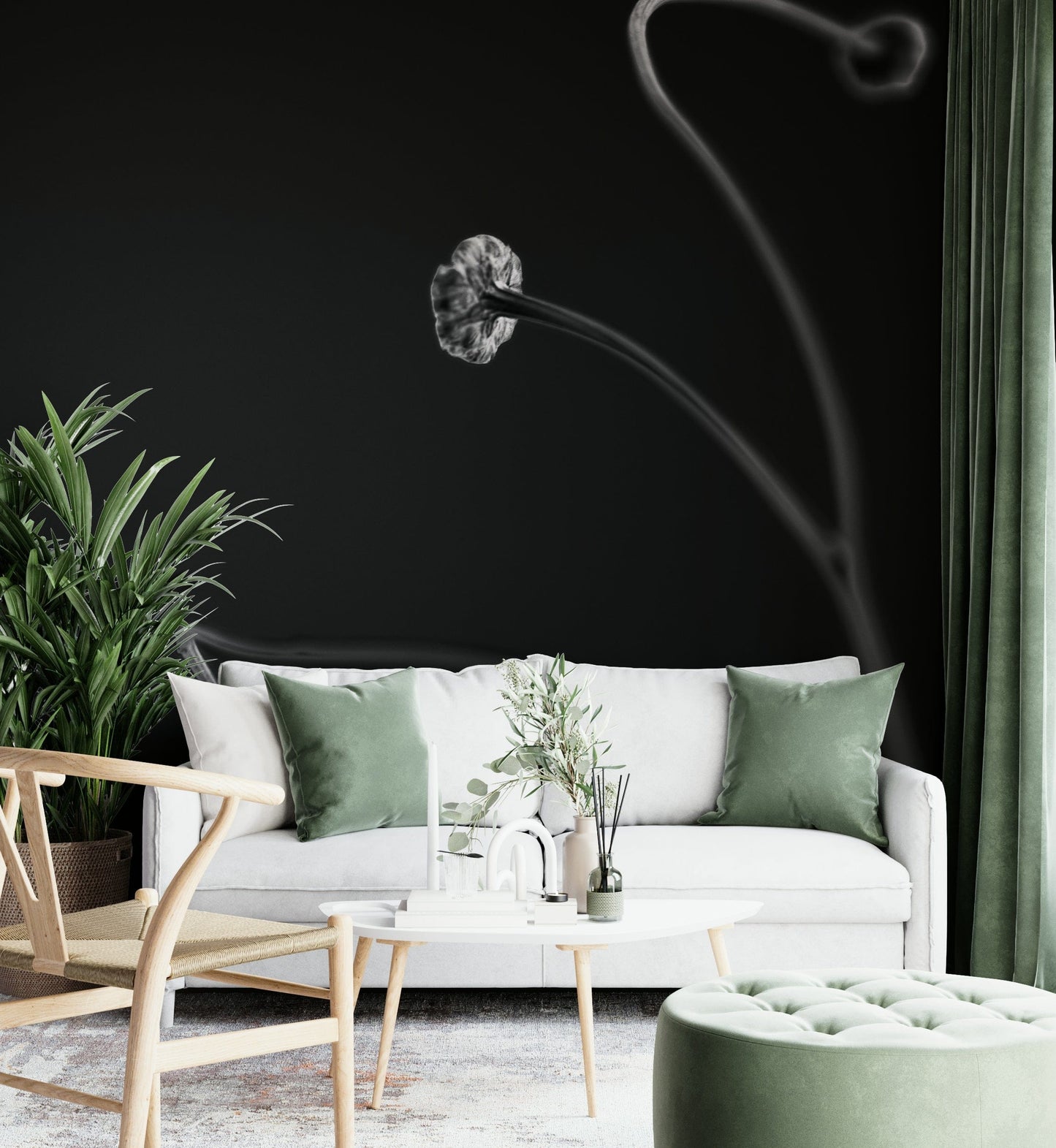 The peel and stick wallpaper showing realistic plant textures.

