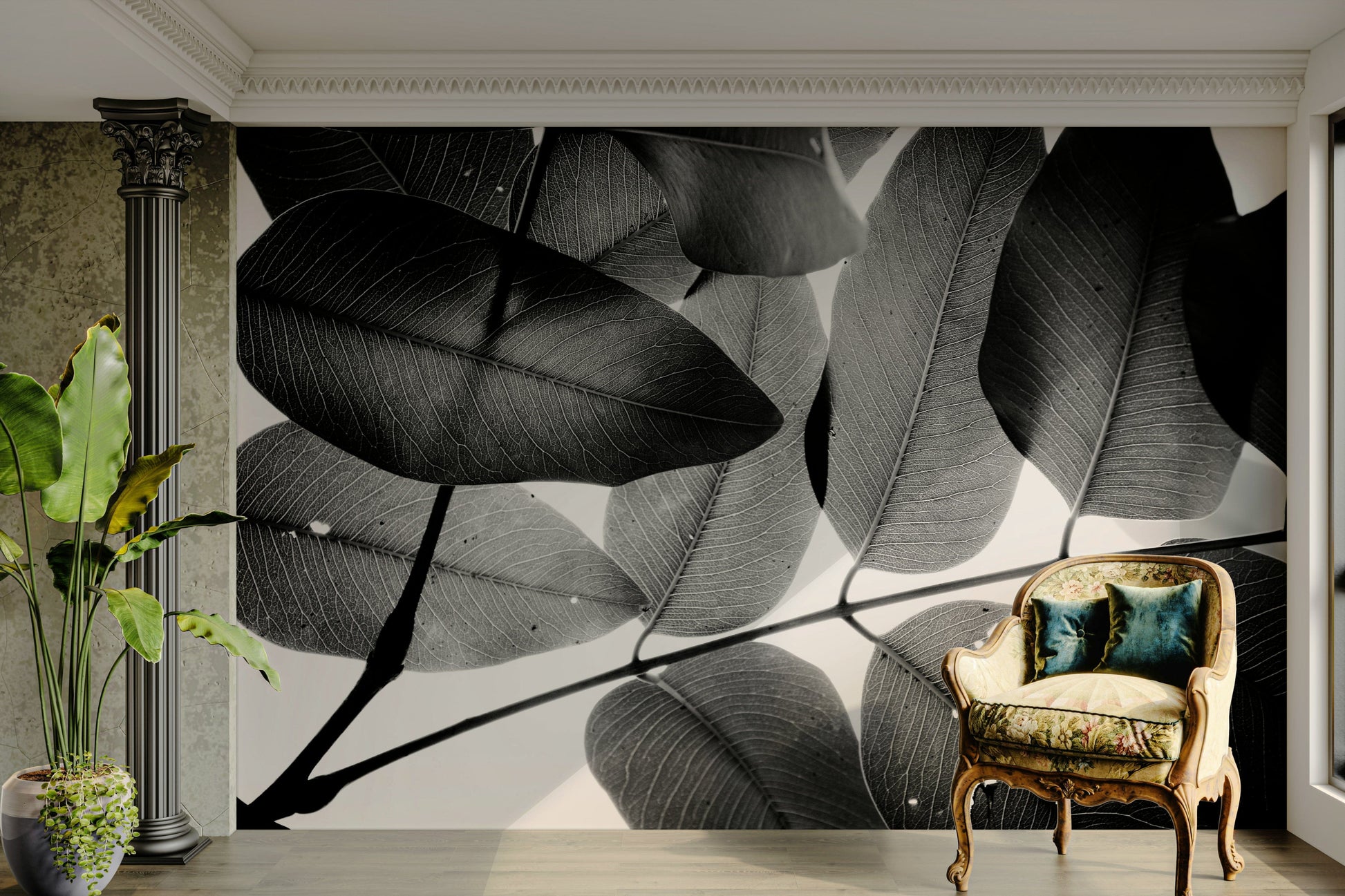 A serene branch and leaf wall mural for your decor.

