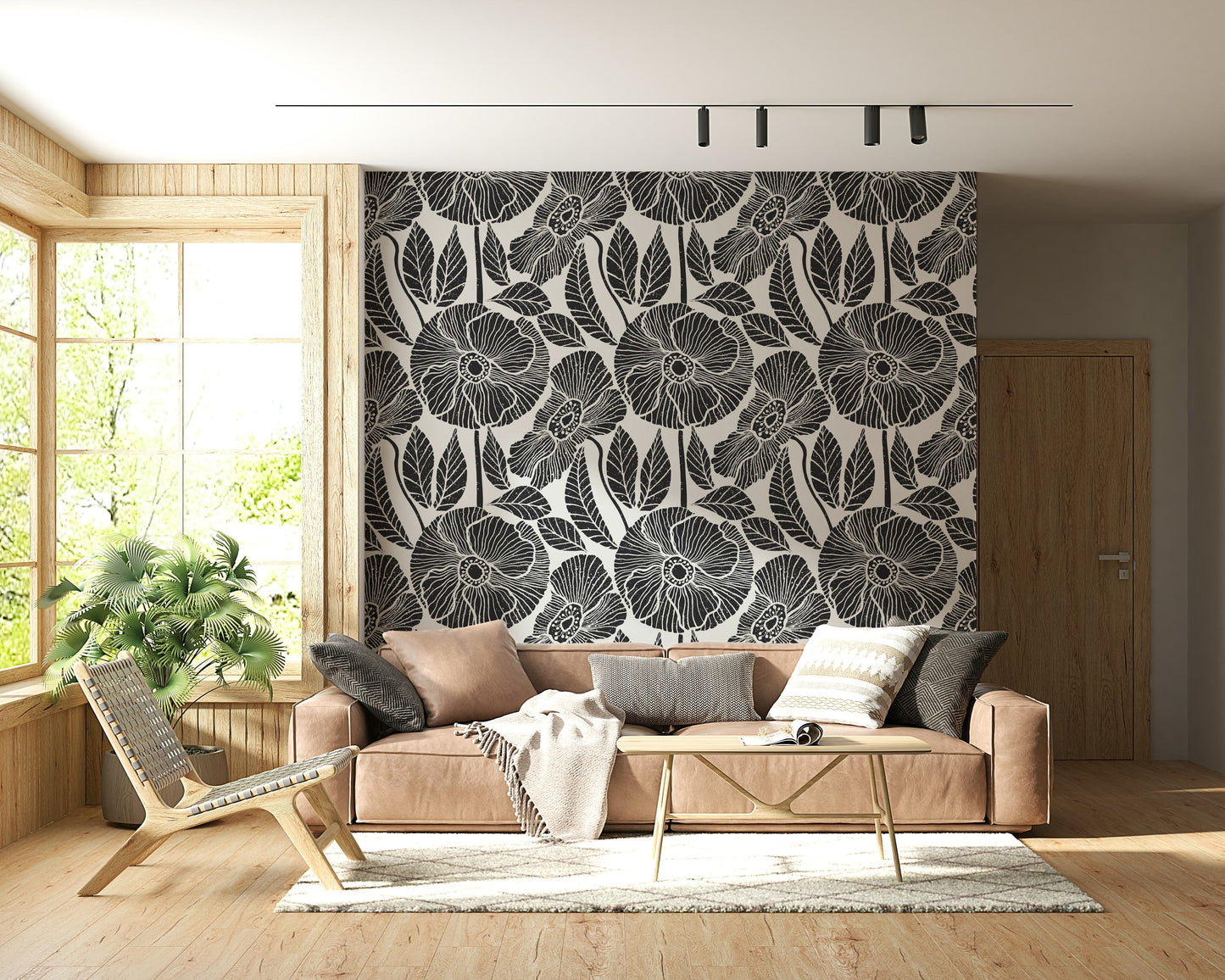 Intricate Poppy Floral Modern Block surface design, chic monochrome wallpaper.