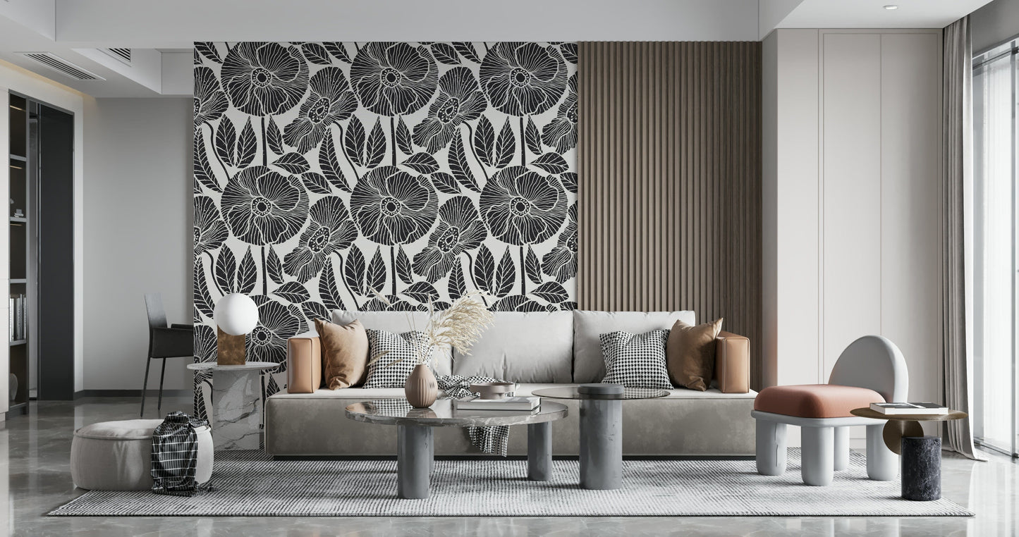 Rustic Black White Block Poppy vine wallpaper, detailed interior design element.
