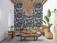 Monochrome Poppy Blossom distressed wallpaper, elegant contemporary mural.