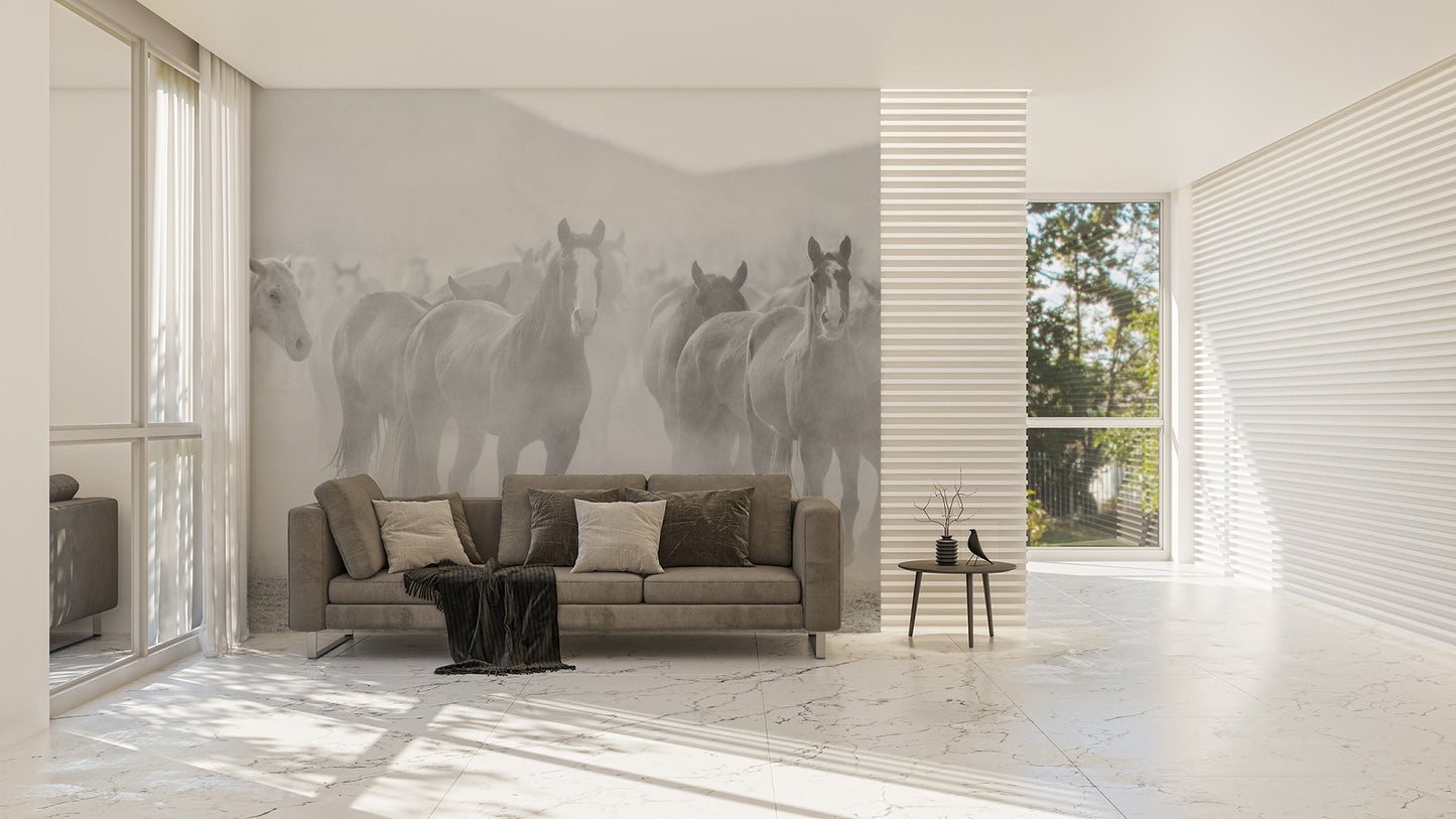 Stylish black and white horse wallpaper mural
