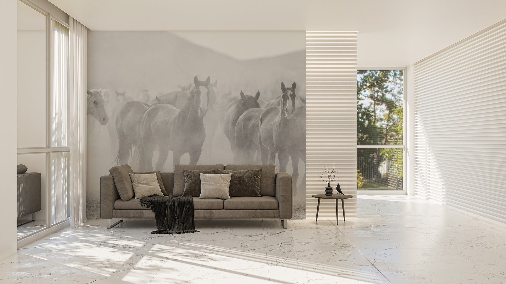 Stylish black and white horse wallpaper mural

