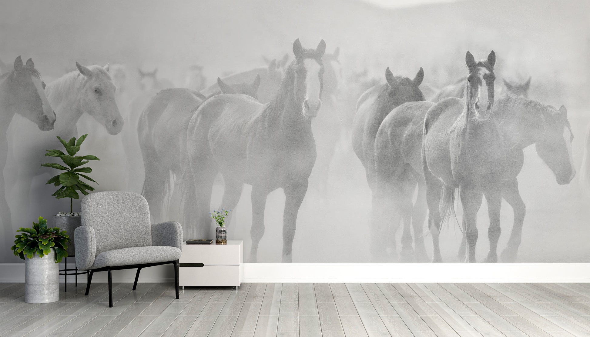 Seven majestic horses in black and white wallpaper
