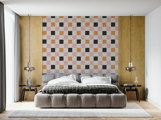 Colorful geometric blocks arranged in a lively, playful pattern.