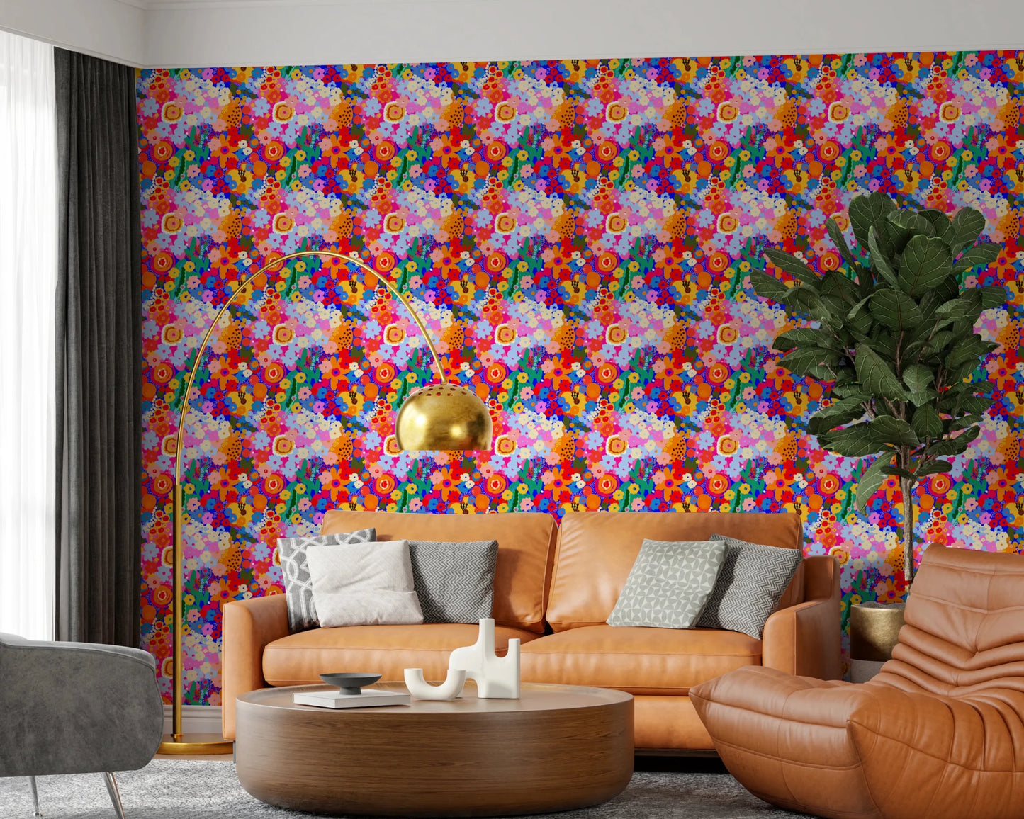 Stylised Bloom Burst colour pop florals Wallpaper art motif fora hallway.