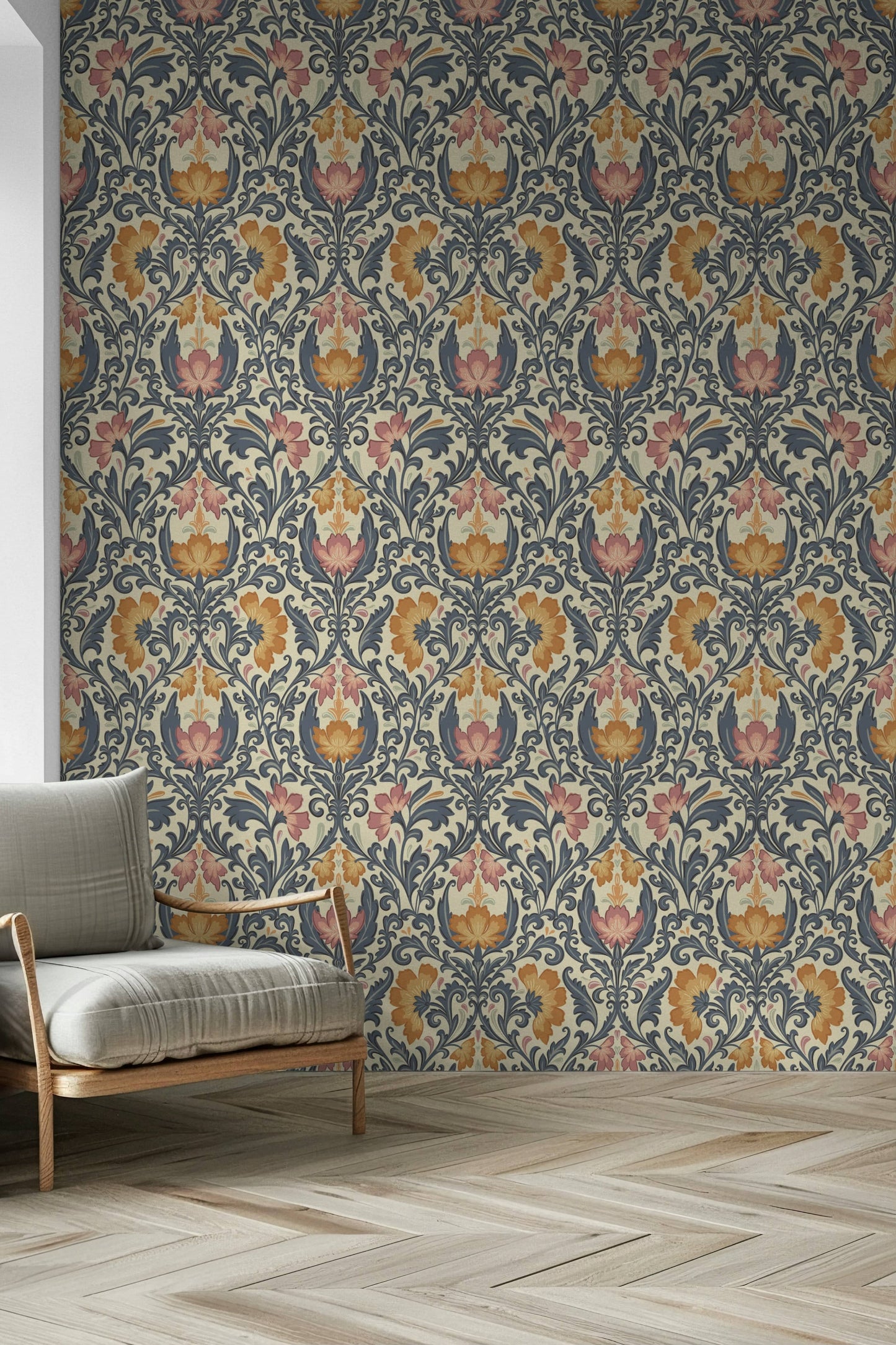 Sophisticated wallpaper with the Bloom Damask symmetrical repeat and lavish detail.